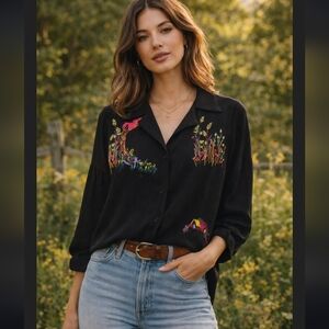 Yellow Brand Embroidered Floral Scene Semi Sheer Black Blouse Sz Small NWT